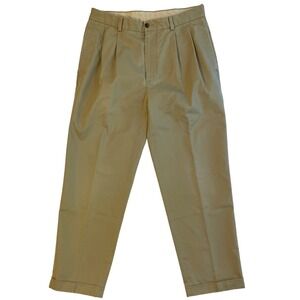 Mens Khaki Pleated Tapered Cuffed Twill Trousers Business Casual Pants - W33/L30
